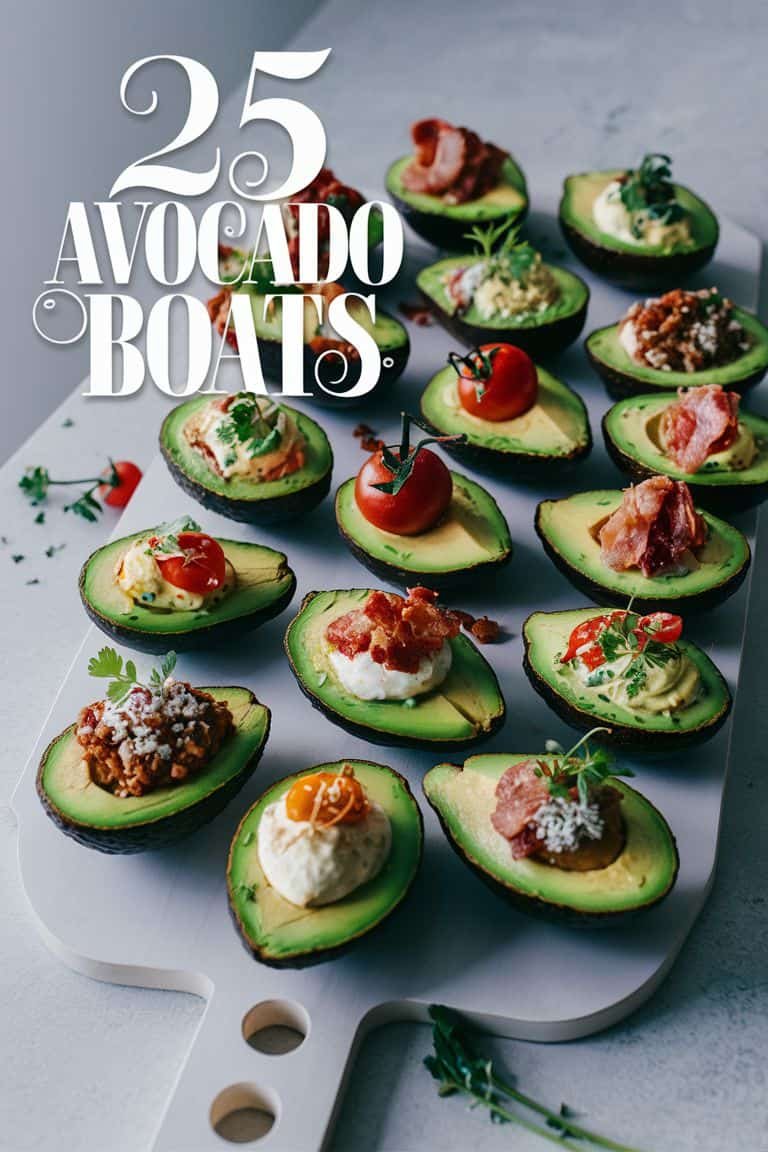 A wooden platter displaying 25 creatively filled avocado boats, featuring various toppings like bacon, cherry tomatoes, and herbs, showcasing a vibrant and appetizing presentation for healthy appetizers or snacks.