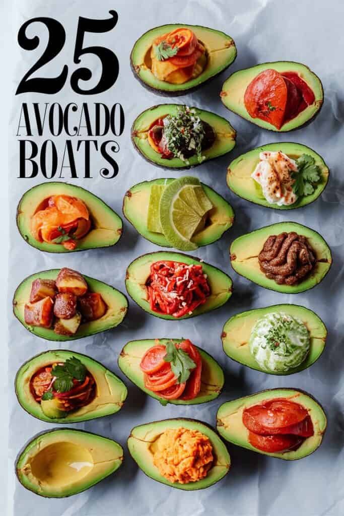 A visually appealing arrangement of 25 avocado boats filled with various toppings, including vegetables, sauces, and dips, showcasing creative and healthy meal ideas. The image features a variety of colorful ingredients, highlighting the versatility of avocados in culinary presentations.