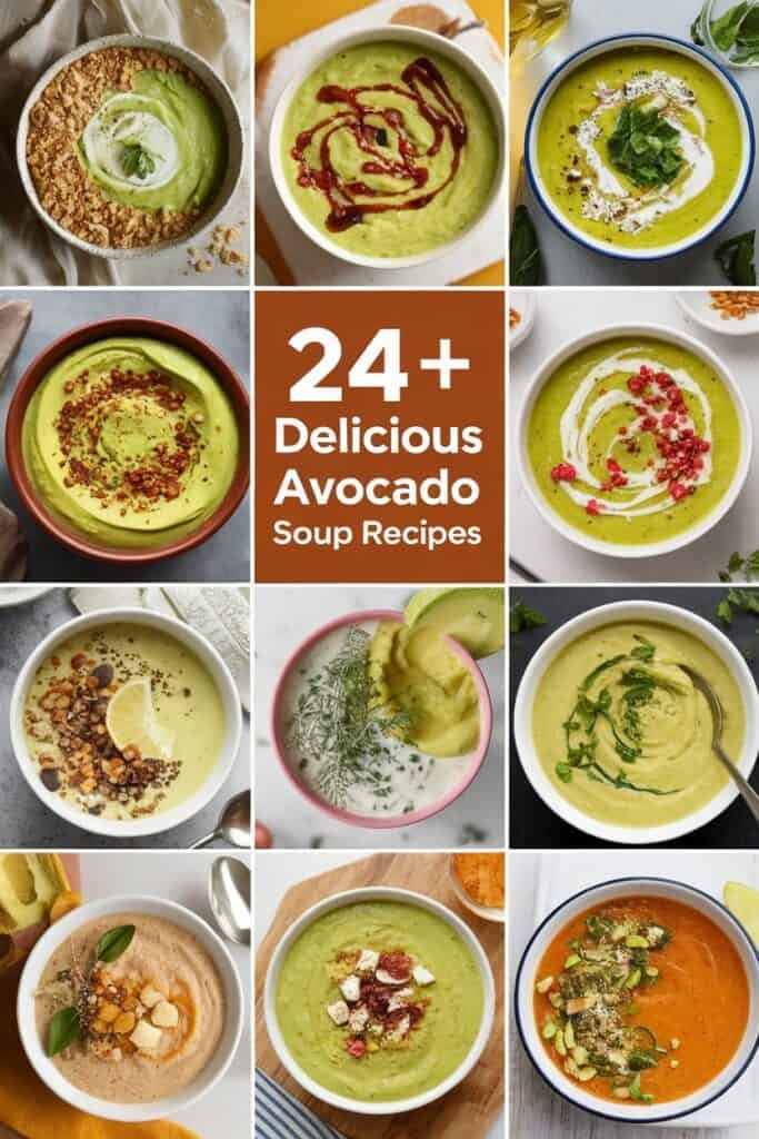 A collage of 12 bowls of avocado soup showcasing various recipes, garnishes, and presentation styles, featuring vibrant green soups with toppings like herbs, spices, and creams. The image highlights "24+ Delicious Avocado Soup Recipes" in bold text, inviting viewers to explore diverse and healthy soup options.