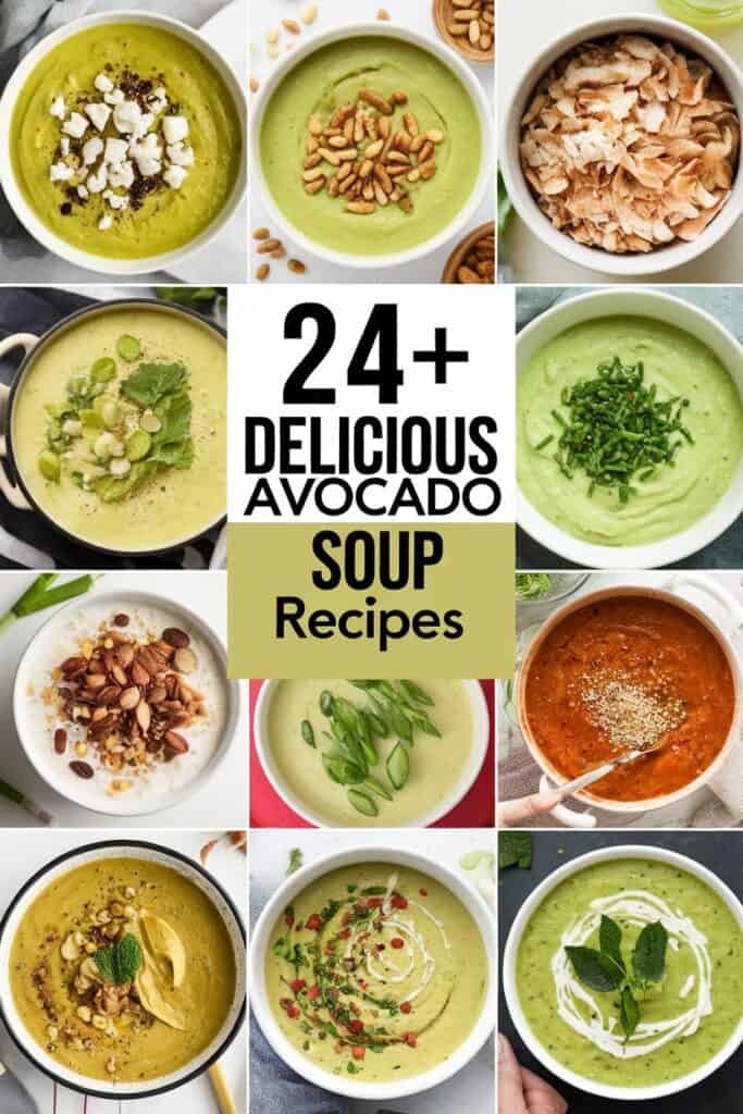 A collage of 24+ delicious avocado soup recipes featuring various presentations and toppings, including garnishes like pine nuts, herbs, and spices, showcasing vibrant green soups in stylish bowls.