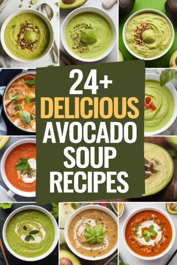 A collage of various avocado soup recipes featuring vibrant green and orange soups served in bowls, showcasing garnishes like herbs and nuts. The central text highlights "24+ Delicious Avocado Soup Recipes," emphasizing a variety of creative and healthy soup options.