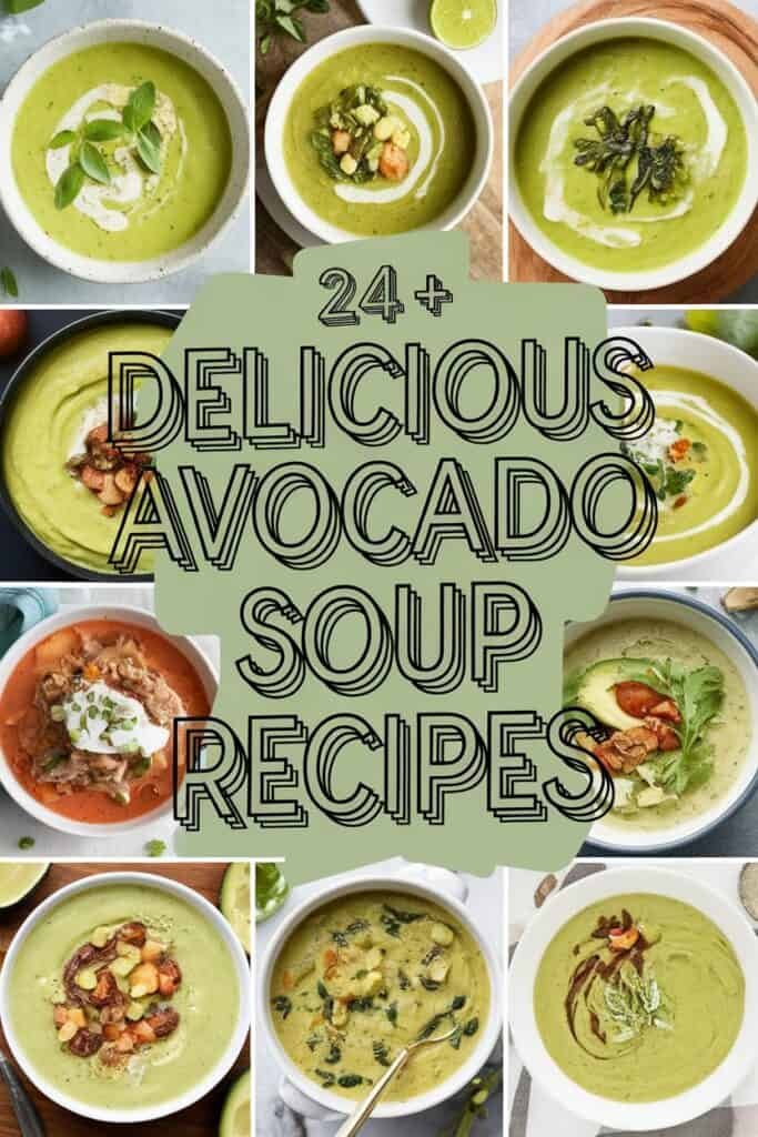 A collage of various avocado soup recipes showcasing vibrant green soups in different bowls, garnished with ingredients like herbs, cream, and crunchy toppings, with a prominent title highlighting "24+ Delicious Avocado Soup Recipes."