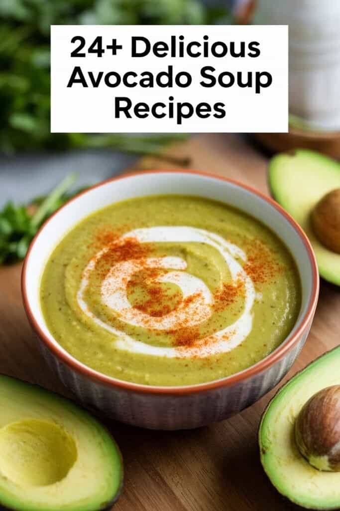 Creamy avocado soup garnished with a swirl of cream and paprika, surrounded by fresh avocado halves on a wooden surface, highlighting over 24 delicious avocado soup recipes.