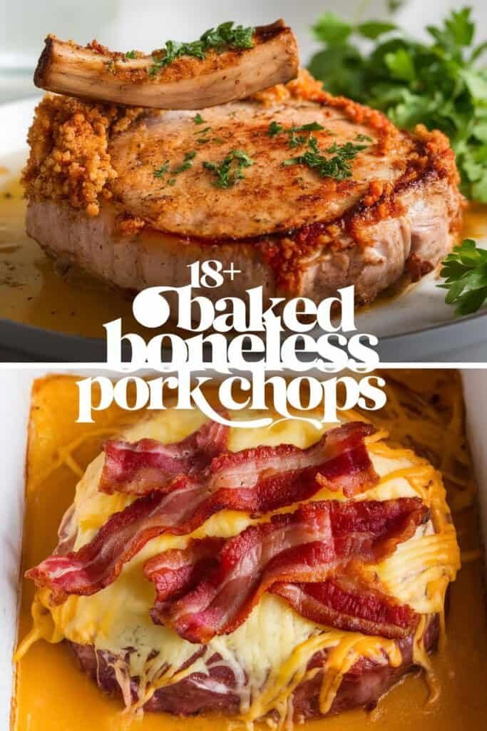 Deliciously baked boneless pork chops topped with crispy bacon and melted cheese, showcasing two mouthwatering recipes. Perfect for a hearty meal.