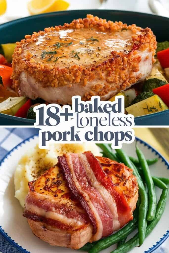 Baked pork chops served with colorful roasted vegetables and a side of creamy mashed potatoes, garnished with green beans and crispy bacon, showcasing two delicious recipes for pork chops.