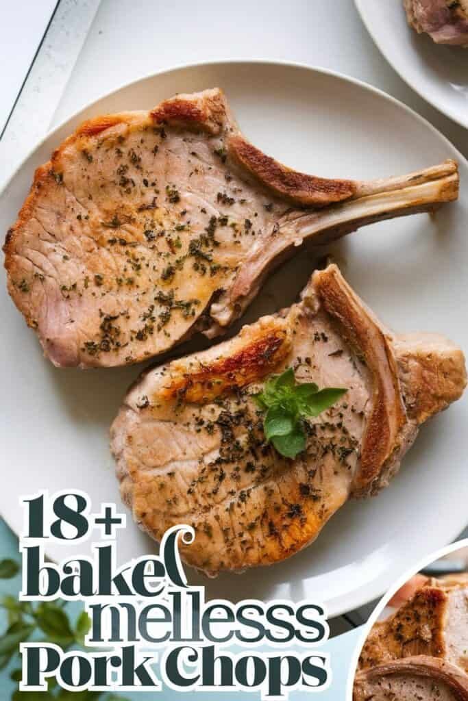 Baked boneless pork chops seasoned with herbs, served on a white plate, showcasing a delicious and juicy meal option. Perfect for easy weeknight dinners or special occasions.