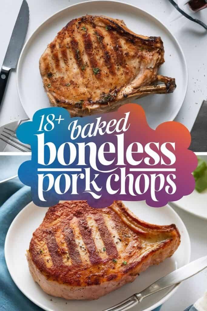 Baked boneless pork chops displayed on white plates, showcasing two deliciously cooked variations. The first chop features a golden-brown crust with grill marks, while the second chop boasts a crispy exterior. Ideal for a hearty meal, these recipes offer over 18 flavorful options for baking pork chops.