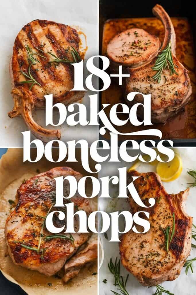 A collage of baked boneless pork chops, showcasing different cooking styles and garnishes, including rosemary and lemon, highlighting over 18 delicious recipes.