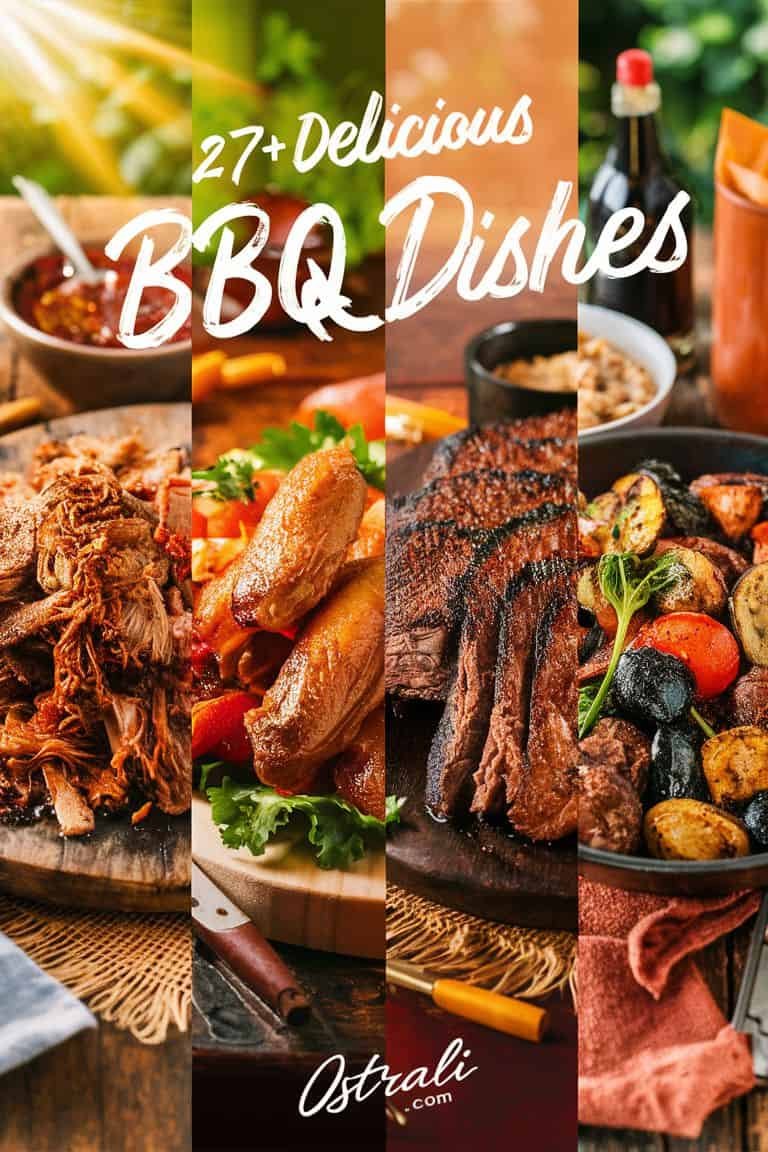 A vibrant collage showcasing 27+ delicious BBQ dishes, featuring pulled pork, grilled chicken wings, smoked brisket, and roasted vegetables, all presented with colorful garnishes and sauces, perfect for summer cookouts and gatherings.