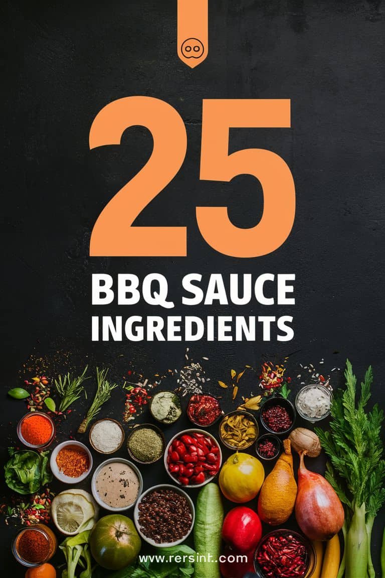 Colorful arrangement of 25 BBQ sauce ingredients, including spices, herbs, vegetables, and condiments, on a dark background, highlighting the variety and freshness ideal for making homemade BBQ sauce.