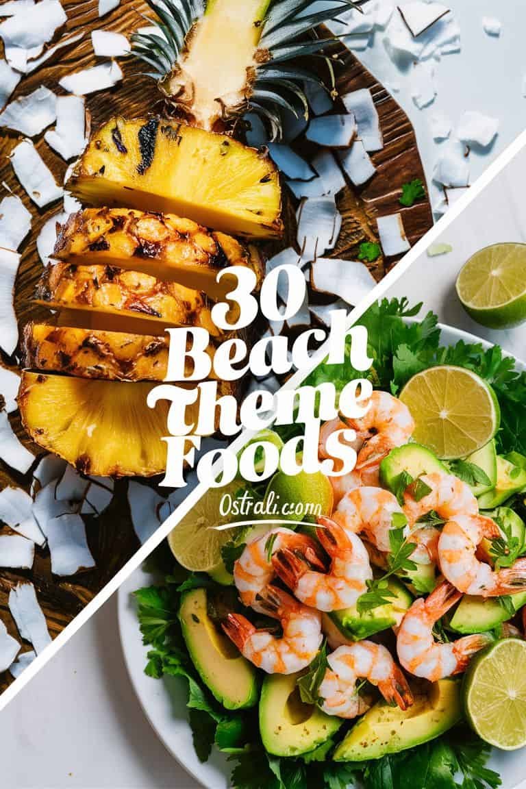 Fresh grilled pineapple and coconut alongside a vibrant shrimp and avocado salad with lime, representing 30 beach-themed foods from Ostrali.com.