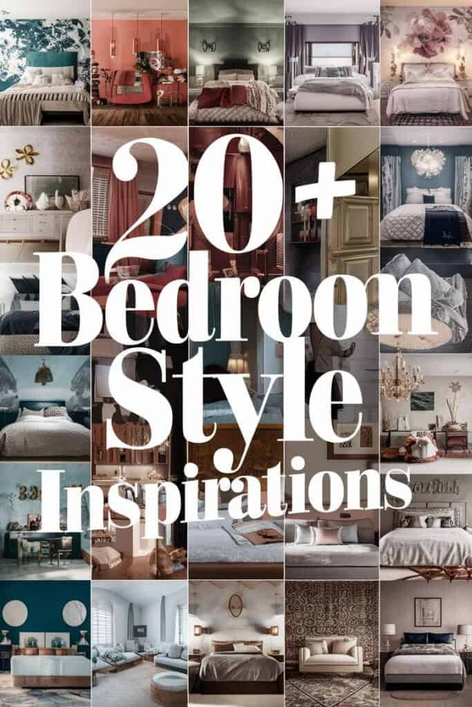 A collage featuring over 20 bedroom style inspirations, showcasing various design aesthetics, color palettes, and decor ideas for modern and traditional bedrooms.