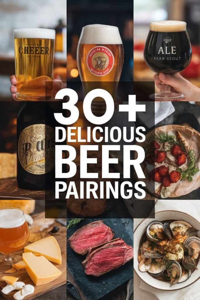 Image featuring a collage of various beer styles and food pairings, showcasing over 30 delicious beer pairings. Includes glasses of pale ale, stout, and other beers alongside plates of cheese, steak, seafood, and desserts, highlighting the art of food and beer pairing for culinary enthusiasts.