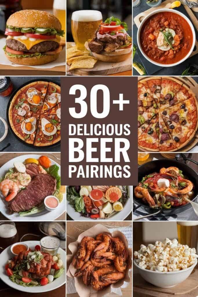 A collage of various food dishes paired with beer, featuring a burger, fried chicken sandwich, pizza, steak with shrimp, and chicken wings, along with salads and popcorn, highlighting over 30 delicious beer pairings.