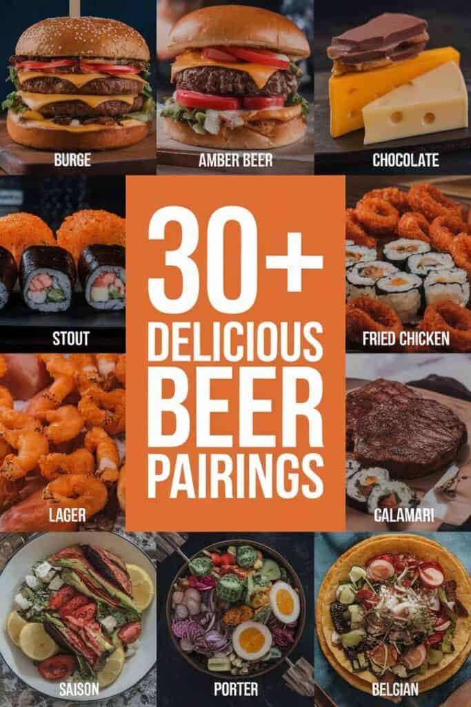 A colorful collage showcasing 30+ delicious beer pairings, featuring mouthwatering foods like burgers, sushi, fried chicken, and chocolate, alongside various beer styles such as amber beer, stout, lager, and porter, designed to inspire food and drink enthusiasts.