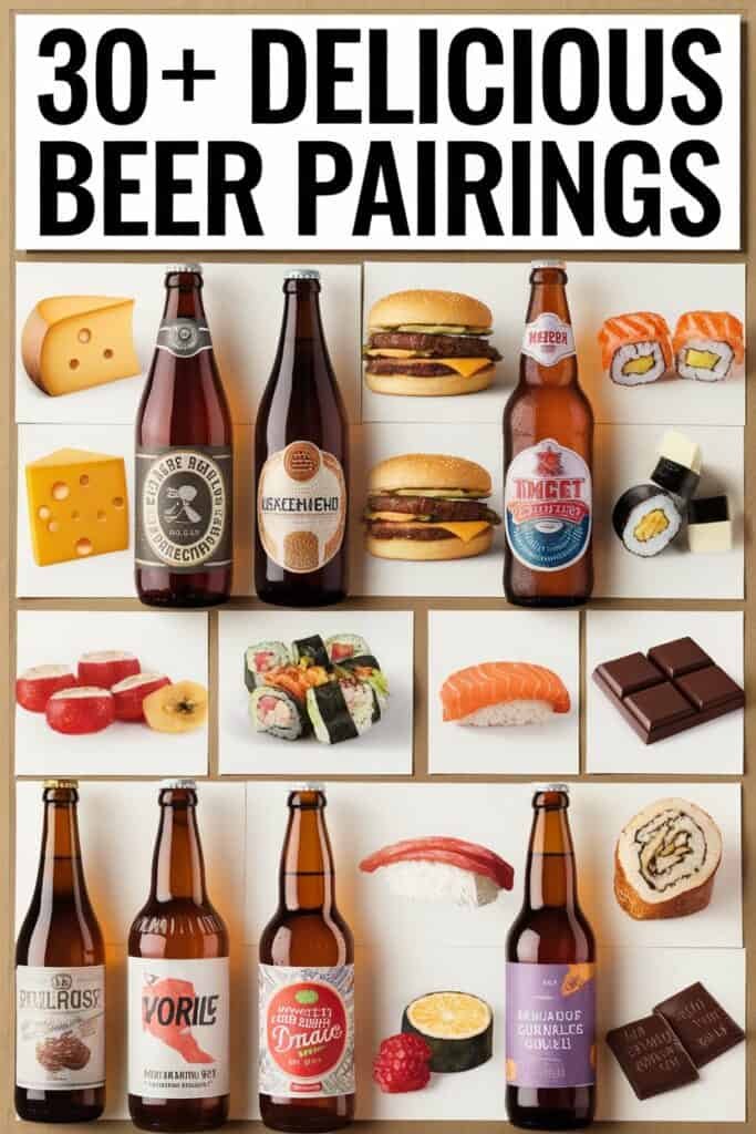 A visually appealing collage showcasing over 30 delicious beer pairings, featuring various beers alongside complementary foods such as cheese, burgers, sushi, and chocolate, designed to inspire food and drink enthusiasts.