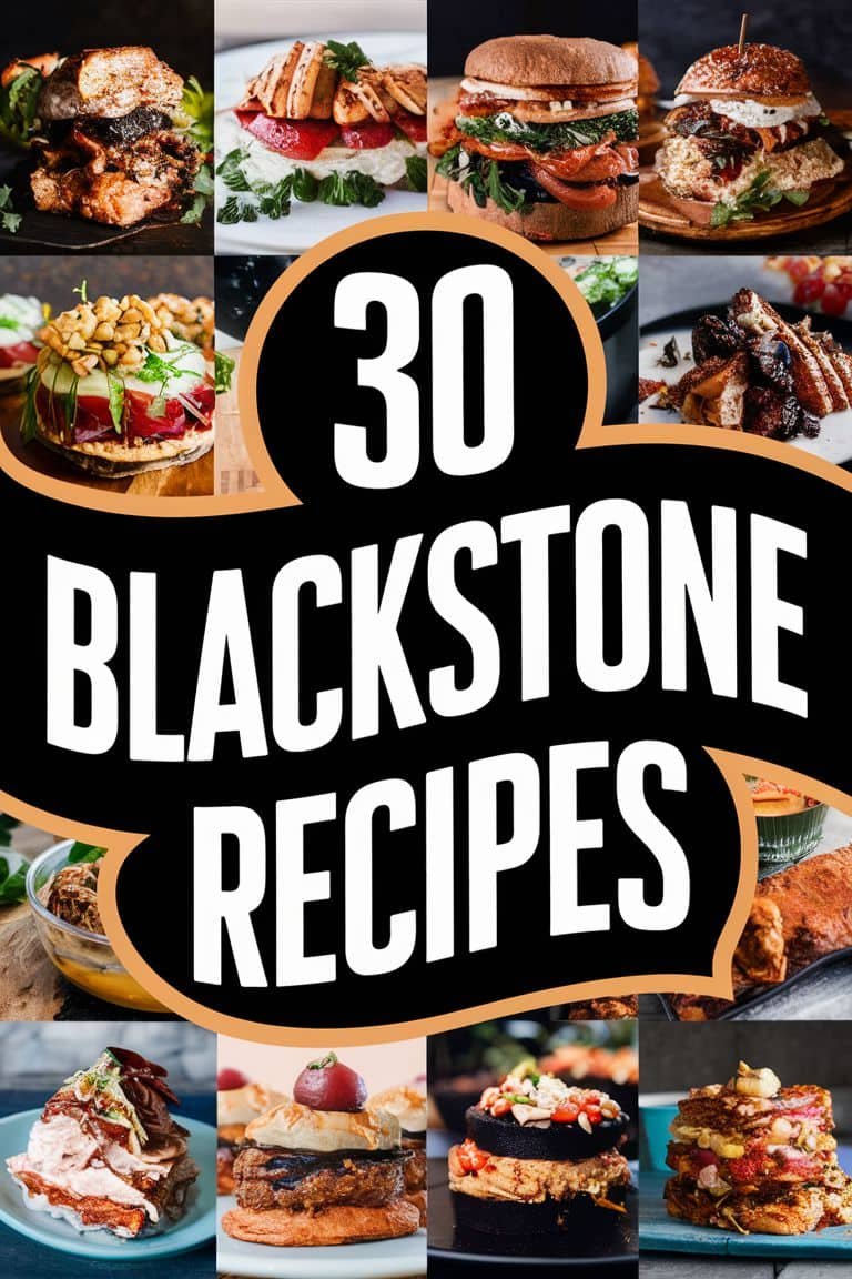 A collage of delicious dishes showcasing 30 Blackstone recipes, including grilled meats, sandwiches, and creative appetizers, highlighting vibrant colors and appealing presentation. Ideal for outdoor cooking enthusiasts looking for diverse meal ideas.