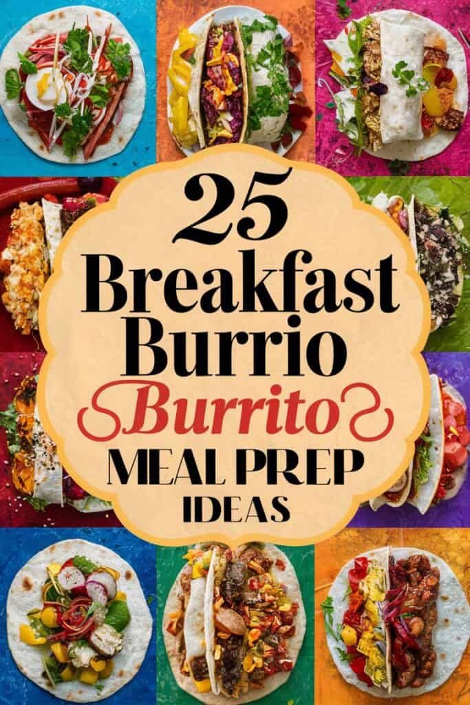 Colorful collage of breakfast burritos featuring various fillings, accompanied by the text "25 Breakfast Burrito Meal Prep Ideas," showcasing creative meal prep options for nutritious and delicious breakfasts.