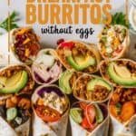 A colorful assortment of breakfast burritos without eggs, featuring various fillings such as avocado, beans, vegetables, and cheese, arranged aesthetically for a visually appealing presentation. Ideal for a nutritious and satisfying morning meal.