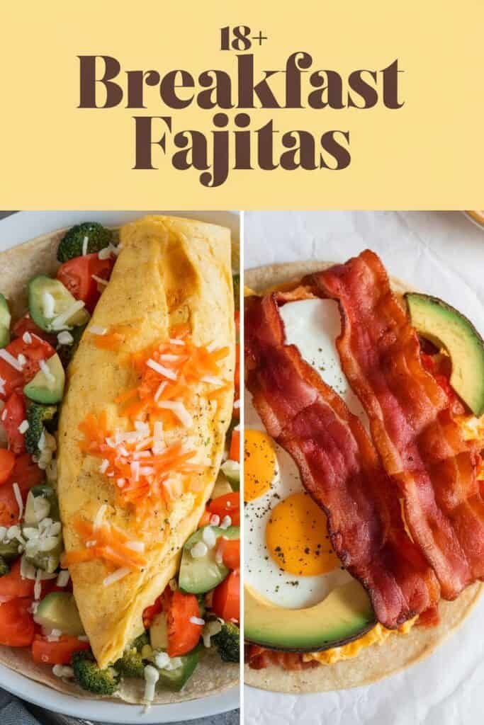 A vibrant image showcasing two delicious breakfast fajitas: one filled with a fluffy omelet, fresh vegetables, and cheese, and the other topped with crispy bacon, avocado, and sunny-side-up eggs. Ideal for a hearty morning meal.
