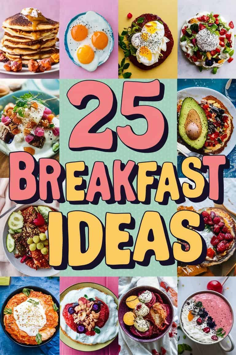 A colorful collage featuring 25 creative breakfast ideas, including pancakes, eggs, avocado toast, and yogurt bowls, showcasing a variety of healthy and delicious options for morning meals.