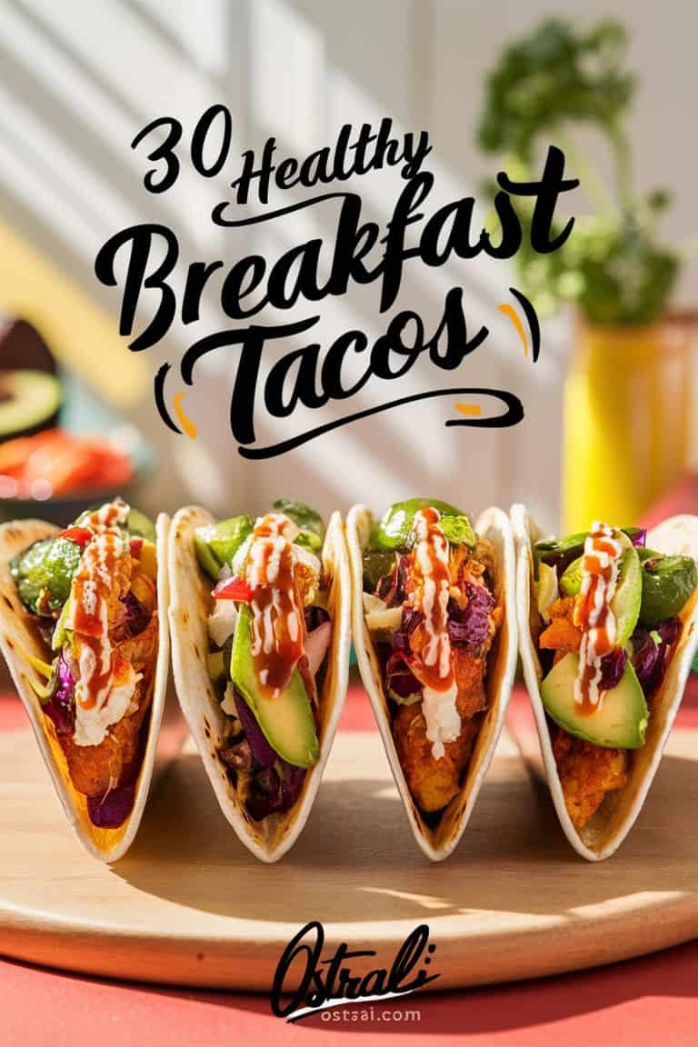 Four delicious healthy breakfast tacos filled with vibrant vegetables and toppings, displayed on a wooden platter, showcasing a colorful and nutritious meal option.