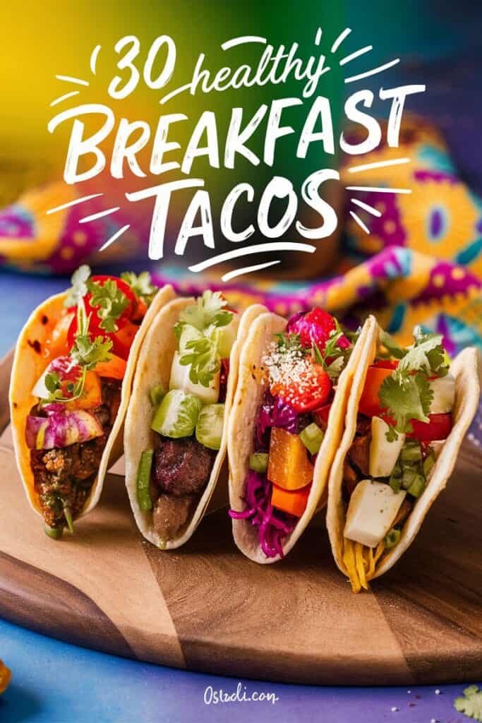 Colorful assortment of three healthy breakfast tacos filled with fresh vegetables, herbs, and proteins, displayed on a wooden board with a vibrant background. The image promotes a recipe collection titled "30 Healthy Breakfast Tacos."