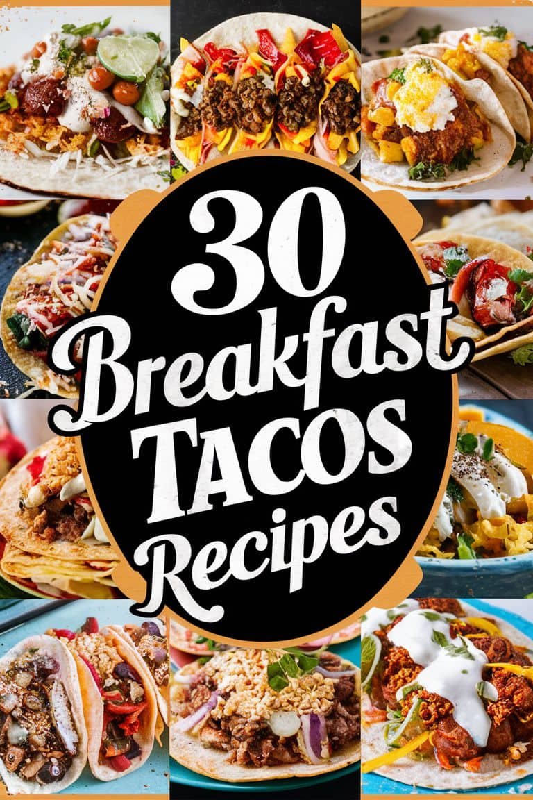 A collage of delicious breakfast tacos featuring various ingredients like eggs, meats, and vegetables, with the text "30 Breakfast Tacos Recipes" prominently displayed in the center.