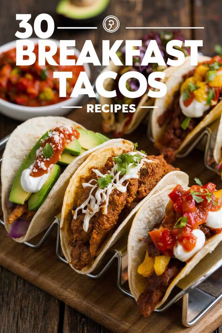 Delicious assortment of breakfast tacos featuring various toppings like avocado, salsa, and sour cream, served on a wooden platter. The image highlights 30 creative breakfast taco recipes, perfect for a flavorful morning meal.