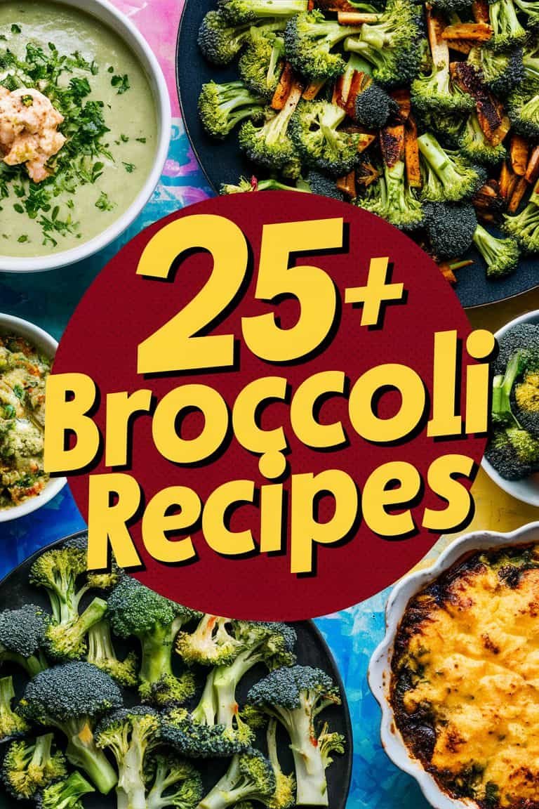 Colorful display of various broccoli dishes with the text "25+ Broccoli Recipes" prominently featured, highlighting a variety of healthy and delicious meal options.