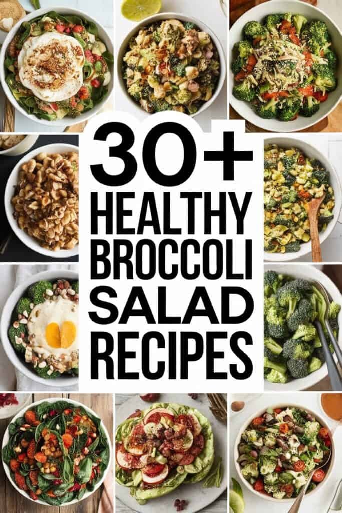 A collage of healthy broccoli salad recipes featuring various ingredients and presentation styles, showcasing over 30 nutritious salad options. Each bowl highlights different combinations of broccoli, vegetables, and toppings, emphasizing vibrant colors and fresh ingredients to inspire healthy eating.