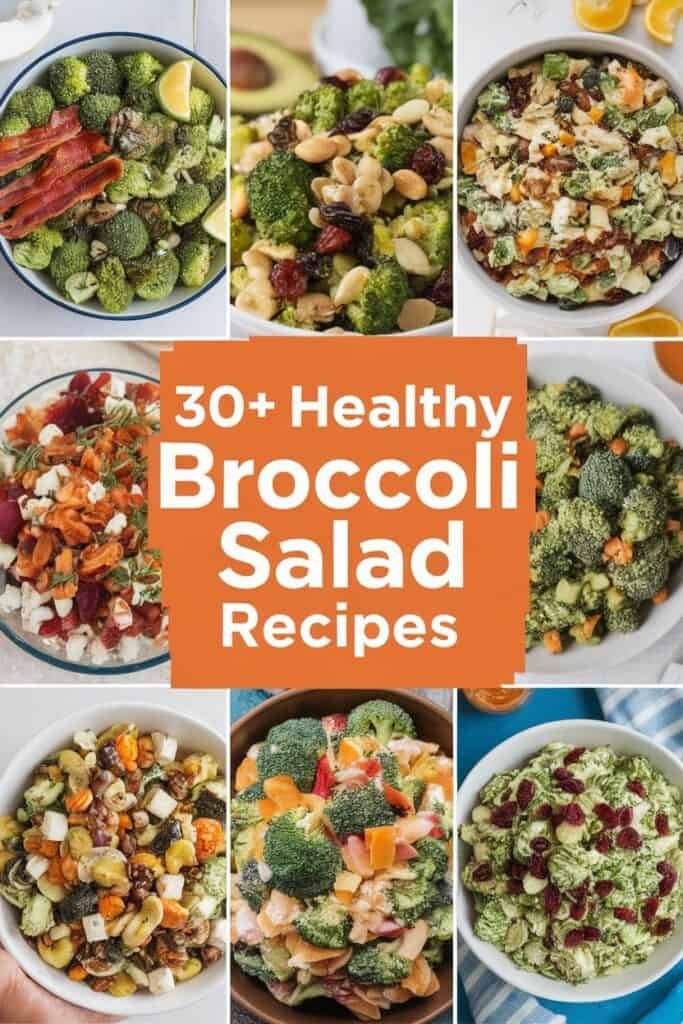 A collage of various healthy broccoli salad recipes featuring vibrant ingredients such as broccoli, nuts, fruits, and dressings, highlighting over 30 creative salad ideas for nutritious meals.