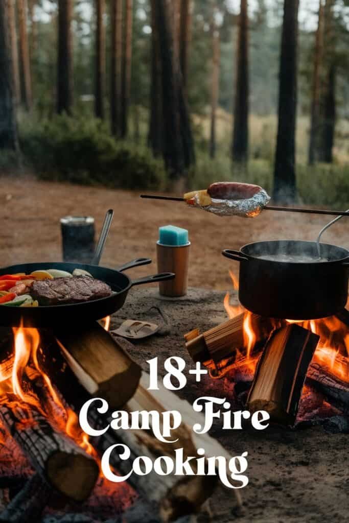 A cozy campfire cooking scene featuring grilled vegetables and a sausage on a stick, with pots simmering over the flames and a serene forest backdrop. Ideal for outdoor cooking enthusiasts seeking inspiration for campfire meals.