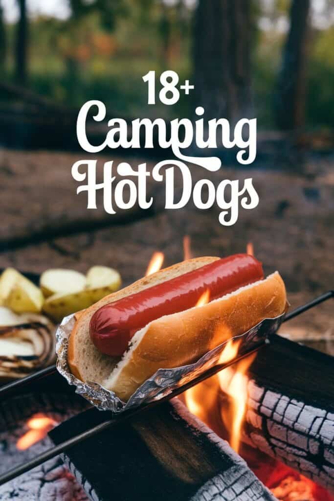 A hot dog on a stick being roasted over an open campfire, with sliced potatoes and onions in the background, highlighting outdoor cooking and camping essentials.