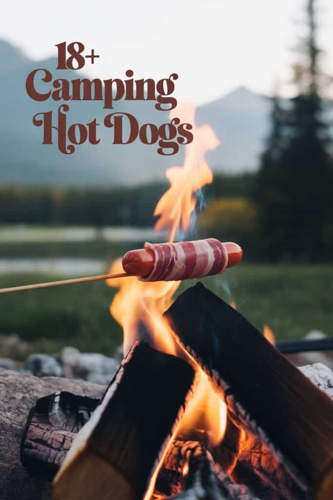 A hot dog wrapped in bacon roasting over a campfire, with mountains and trees in the background, showcasing an outdoor camping scene.