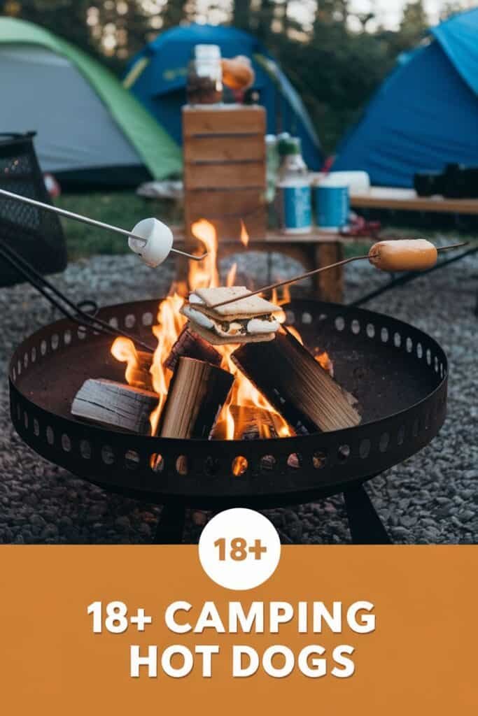 Campfire scene featuring roasted hot dogs and marshmallows over an open flame, with tents in the background, highlighting the joy of outdoor cooking and camping activities. Ideal for 18+ camping recipes.