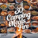 A vibrant collage showcasing 30 delicious camping meals cooked over an open fire, featuring a variety of dishes including meats, vegetables, and desserts, with a central image of a roaring campfire. Perfect for outdoor cooking inspiration.