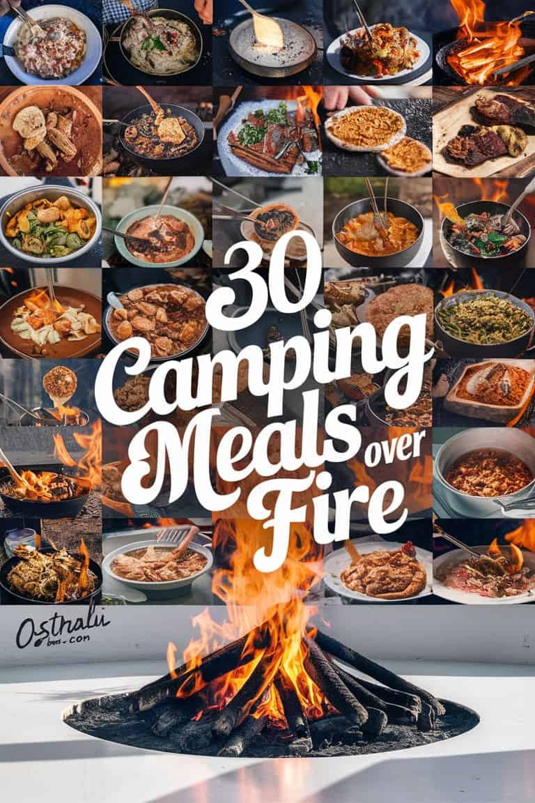 A vibrant collage showcasing 30 delicious camping meals cooked over an open fire, featuring a variety of dishes including meats, vegetables, and desserts, with a central image of a roaring campfire. Perfect for outdoor cooking inspiration.