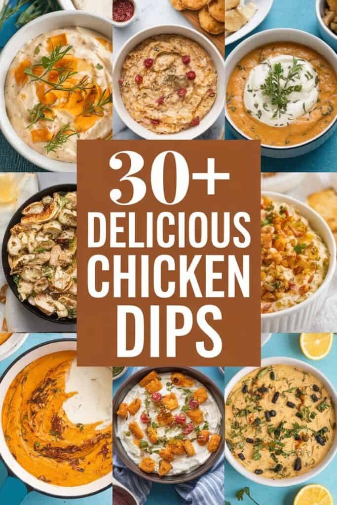 A collage of various chicken dip recipes, featuring a variety of bowls filled with creamy, flavorful dips, including ingredients like herbs, spices, and toppings. The central text highlights "30+ Delicious Chicken Dips," showcasing an array of appetizing options perfect for parties and gatherings.