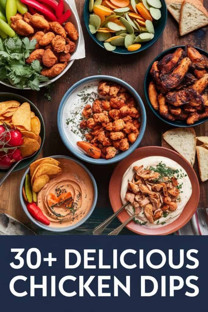 A vibrant spread of over 30 delicious chicken dips, featuring crispy chicken bites, creamy dips, fresh vegetables, and crunchy snacks, perfect for gatherings and parties.