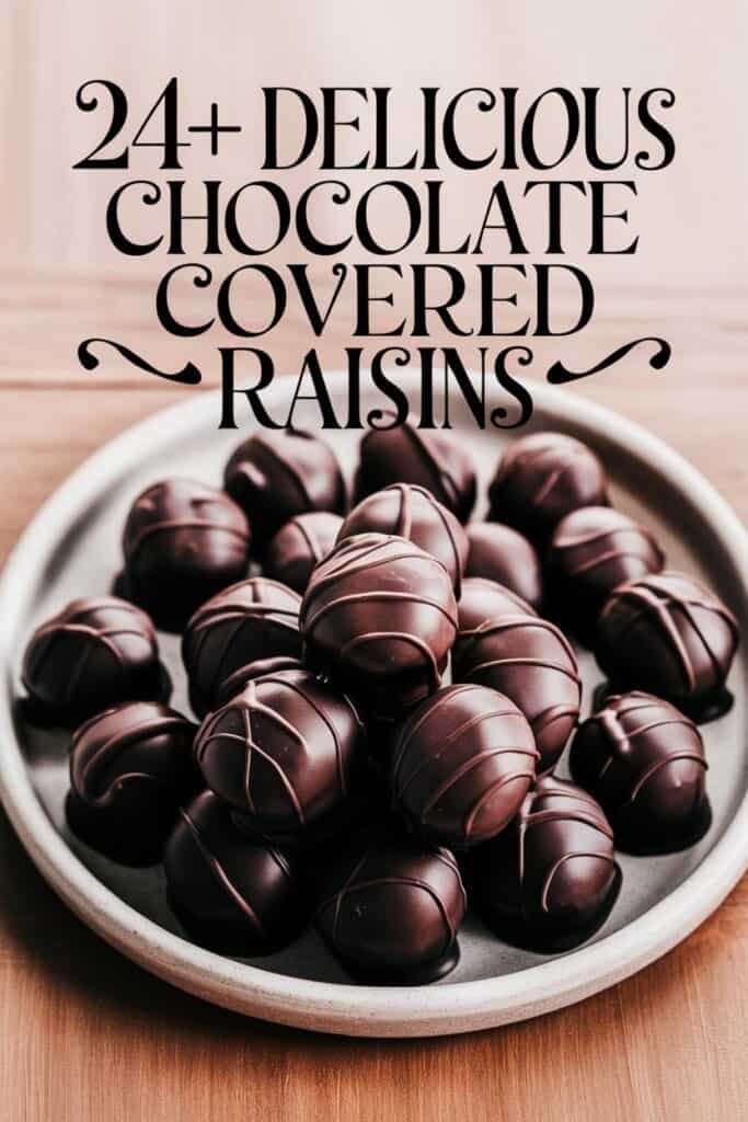 A plate of chocolate-covered raisins, showcasing a variety of round, glossy treats drizzled with chocolate, perfect for dessert lovers.