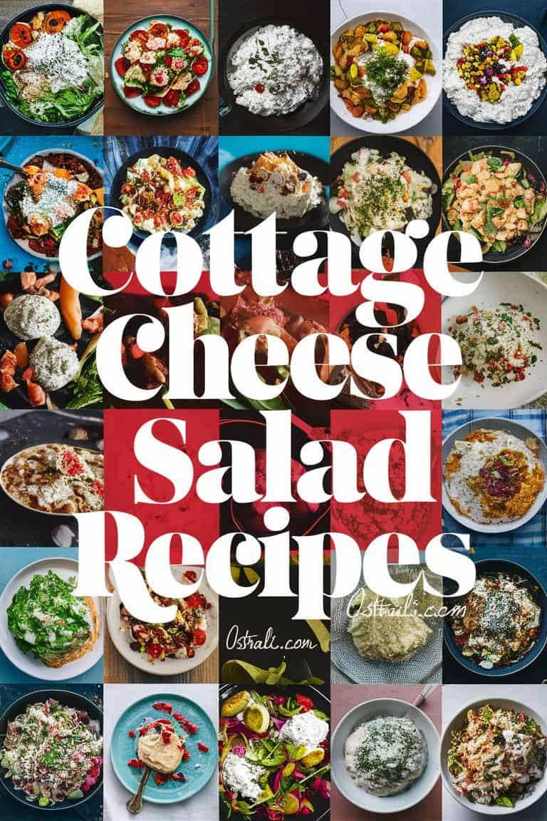 Collage of various cottage cheese salad recipes featuring colorful ingredients and garnishes, showcasing a variety of dishes in bowls and plates, highlighting healthy and nutritious meal options.