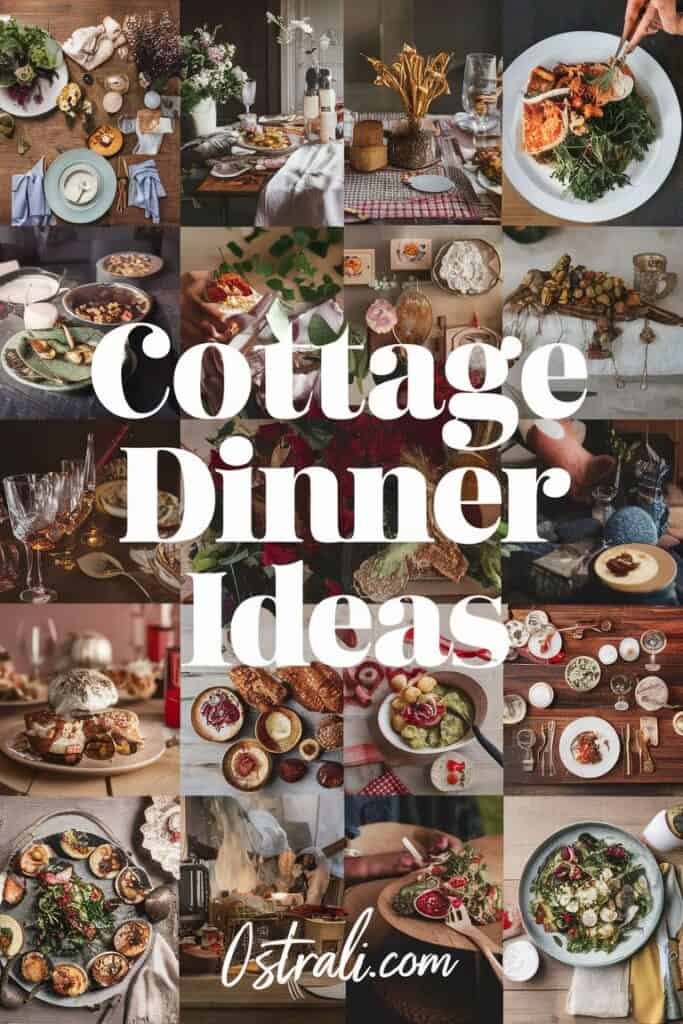 A collage of cottage dinner ideas featuring beautifully arranged dishes, elegant table settings, and rustic decor. The image showcases a variety of meals, from appetizers to desserts, highlighting seasonal ingredients and cozy dining aesthetics perfect for intimate gatherings.