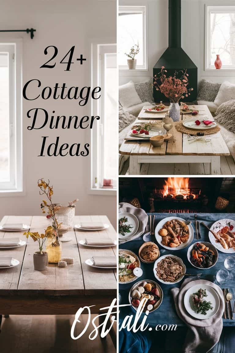 Cozy cottage dinner ideas featuring elegantly set tables and a warm fireplace ambiance, showcasing rustic dining arrangements and a variety of delicious dishes. Perfect inspiration for intimate gatherings and seasonal meals.