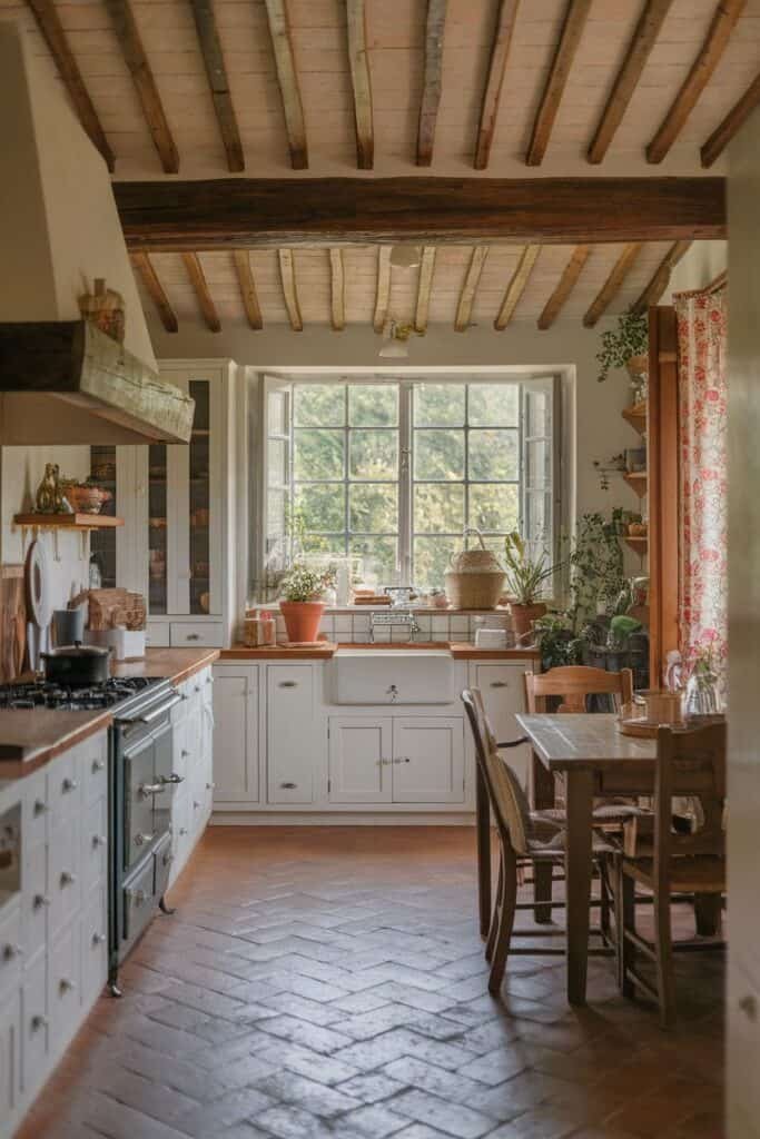 Cozy rustic kitchen featuring wooden beams, a farmhouse sink, and a large window with lush greenery outside. The space includes white cabinetry, a wooden dining table, and potted plants, creating a warm and inviting atmosphere.