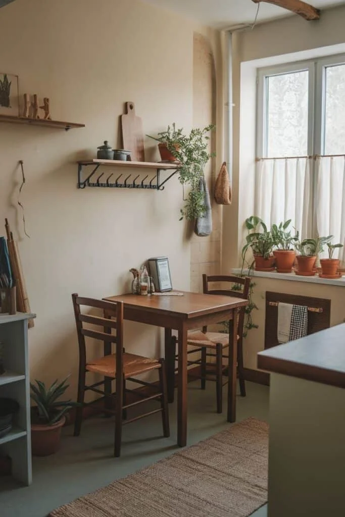 Cozy kitchen interior featuring a wooden dining table with two chairs, surrounded by potted plants and natural decor. The wall displays shelves with kitchen items and greenery, while a window with sheer curtains allows natural light to brighten the space.