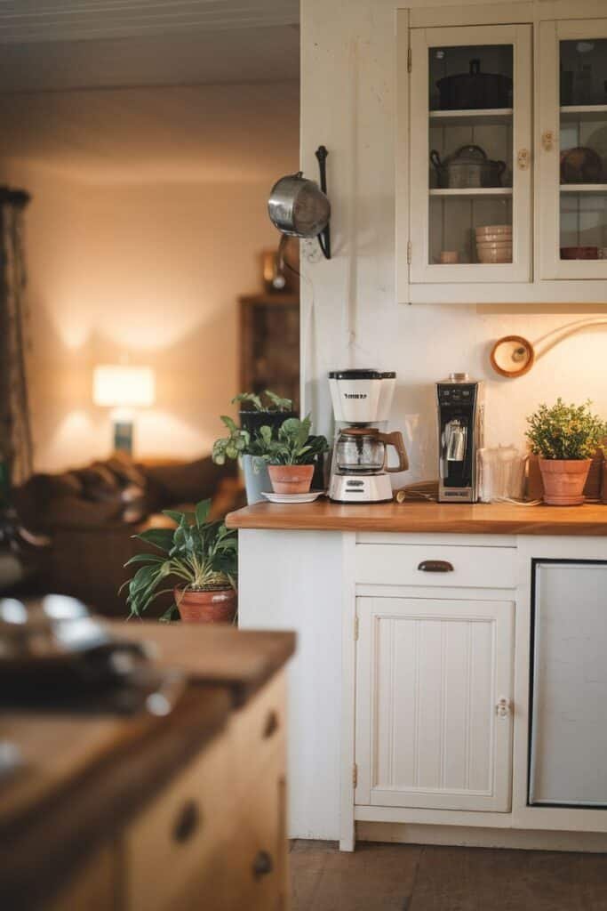Cozy kitchen interior featuring a wooden countertop with a coffee maker and potted plants, illuminated by warm light, creating a welcoming atmosphere.