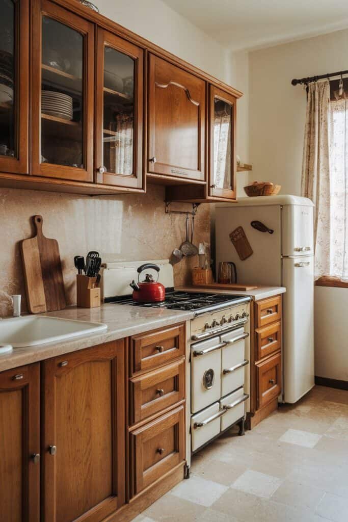 Cozy kitchen interior featuring wooden cabinetry, a vintage white stove, and a red kettle on the stovetop. Natural light filters through lace curtains, illuminating the marble countertop and various kitchen utensils displayed.