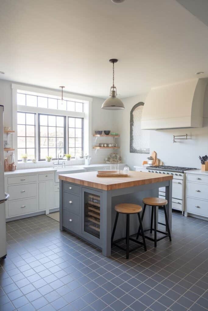 Modern kitchen interior featuring a central island with a wooden top, gray cabinetry, and stainless steel appliances. Natural light streams in through large windows, illuminating the minimalist decor, including open shelving with decorative bowls and plants. The space combines functionality with a stylish design, perfect for cooking and entertaining.