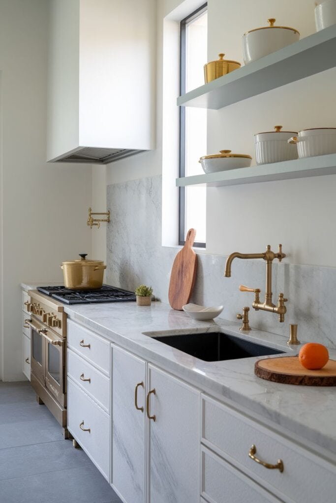 Modern kitchen featuring a marble countertop, brass fixtures, and open shelving displaying stylish cookware. The design includes a gas stove, a black sink, and wooden cutting boards, creating an elegant and functional cooking space. Natural light filters in through a large window, enhancing the inviting atmosphere.